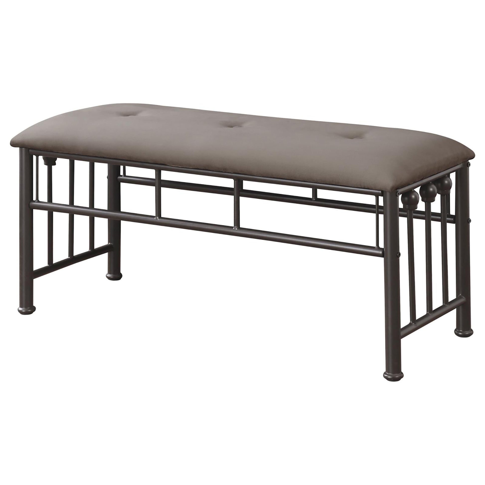 Tufted taupe upholstered bench with ornate dark metal scrollwork legs and accents