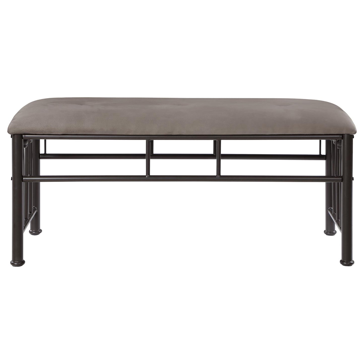 Gray upholstered bench with dark metal frame and crossbar support