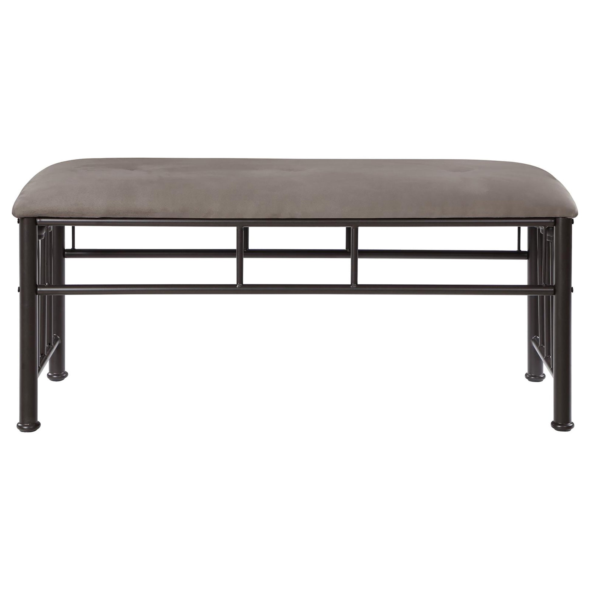 Gray upholstered bench with dark metal frame and crossbar support