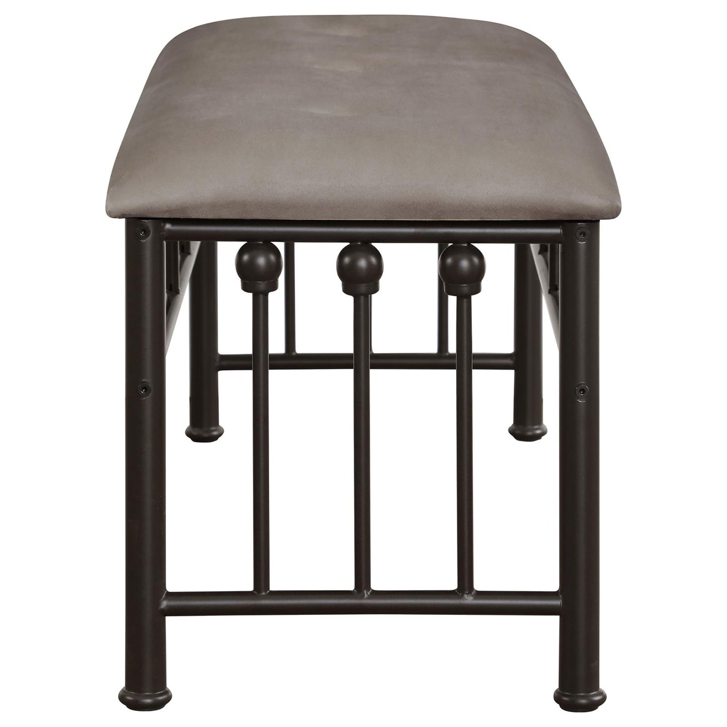 Upholstered bench with grey fabric seat and dark metal frame with decorative finials