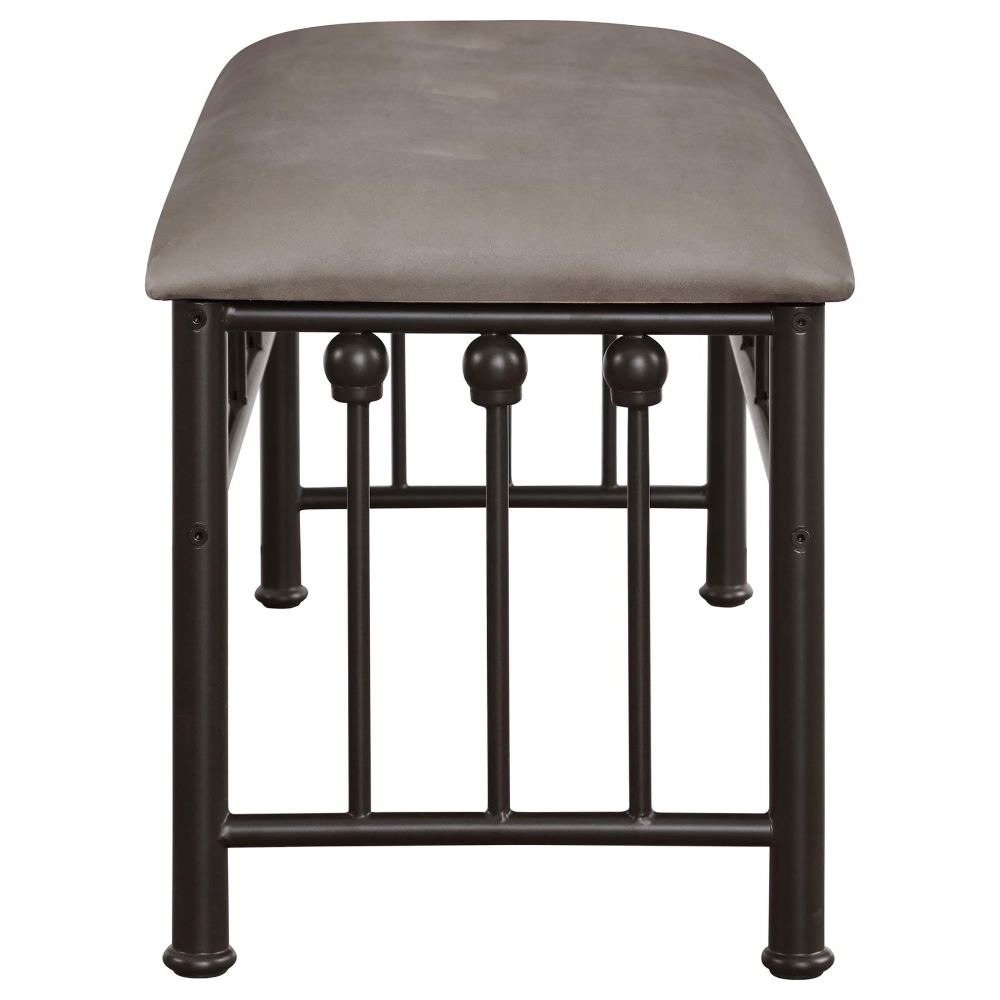 Upholstered bench with grey fabric seat and dark metal frame with decorative finials