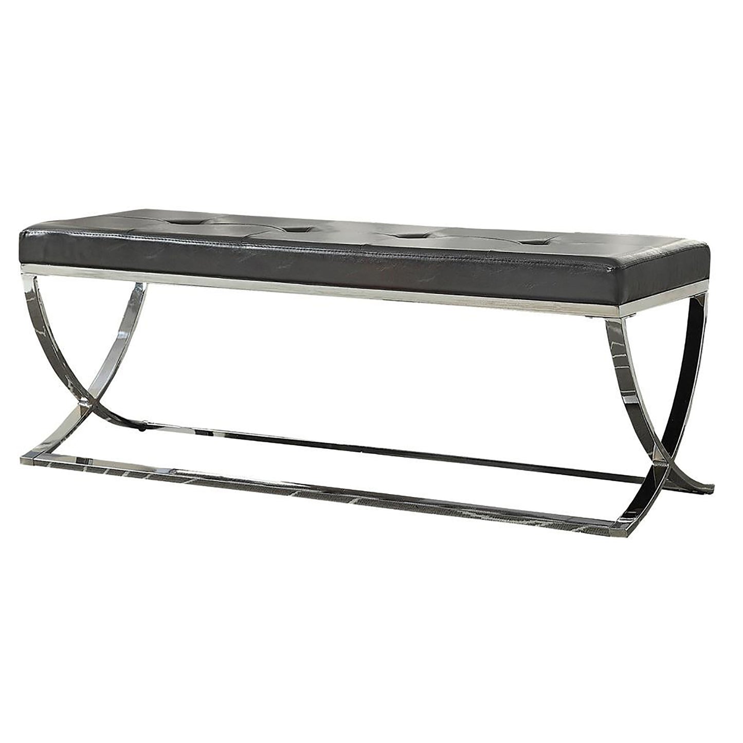 Black tufted faux leather bench with polished chrome Xframe legs for modern entryway