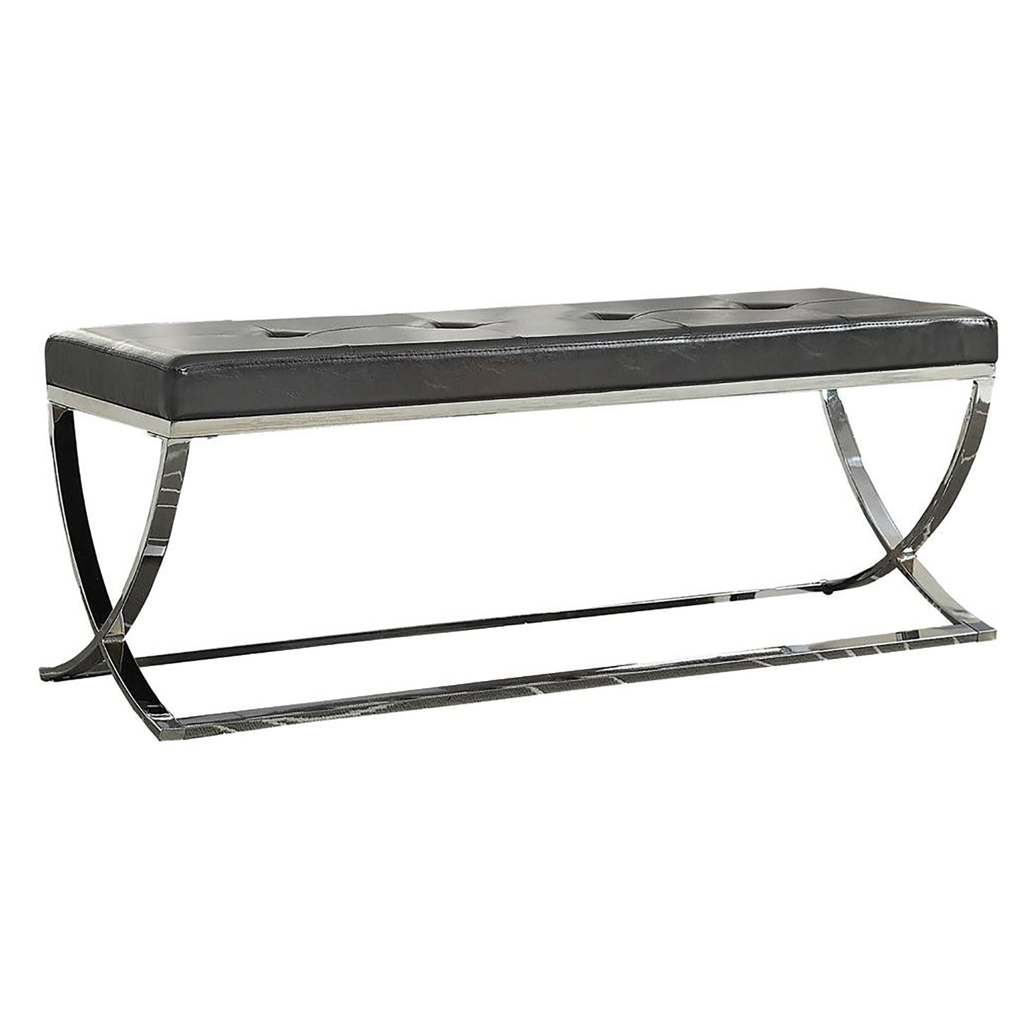 Black faux leather bench with polished chrome Xframe legs contemporary style