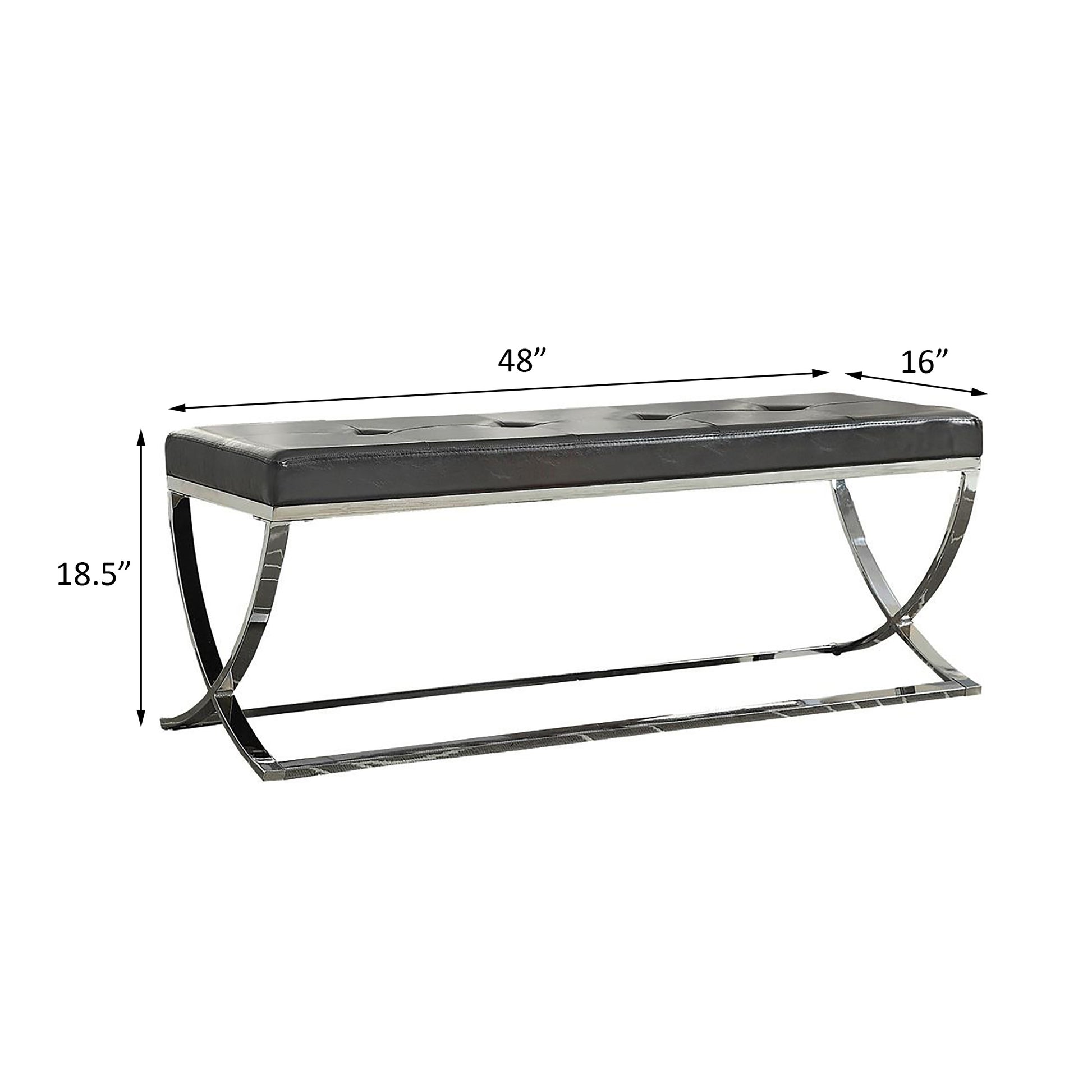 Black faux leather bench with chrome Xframe legs  inches long