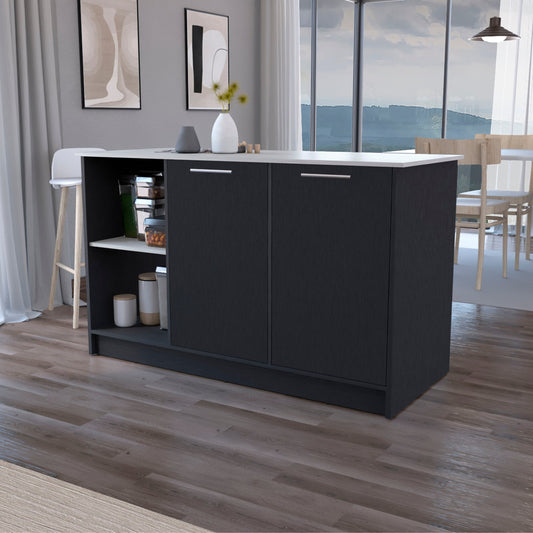 TREATLIFE HOME Black and Onyx Kitchen Island with Double Door Cabinets and Open Shelving for Storage and Meal Prep