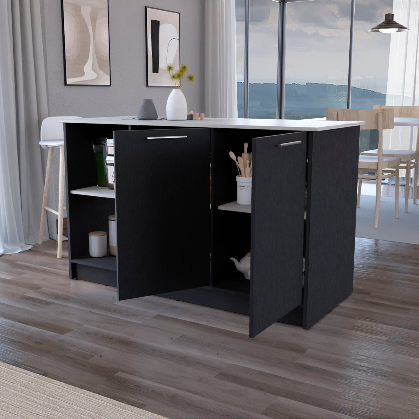 Dark grey kitchen island with open doors displaying shelves