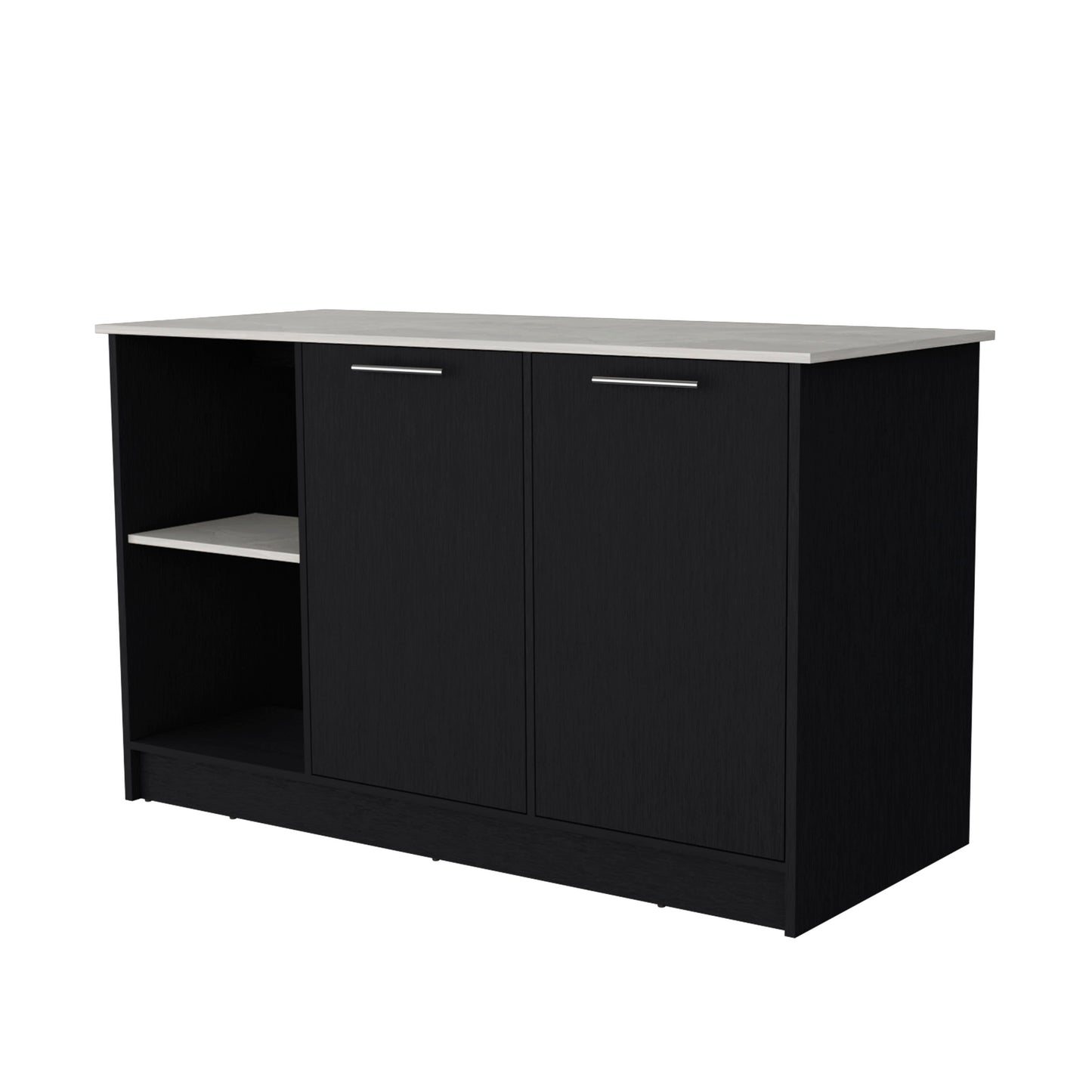 Black cabinet with silver handles and open shelving