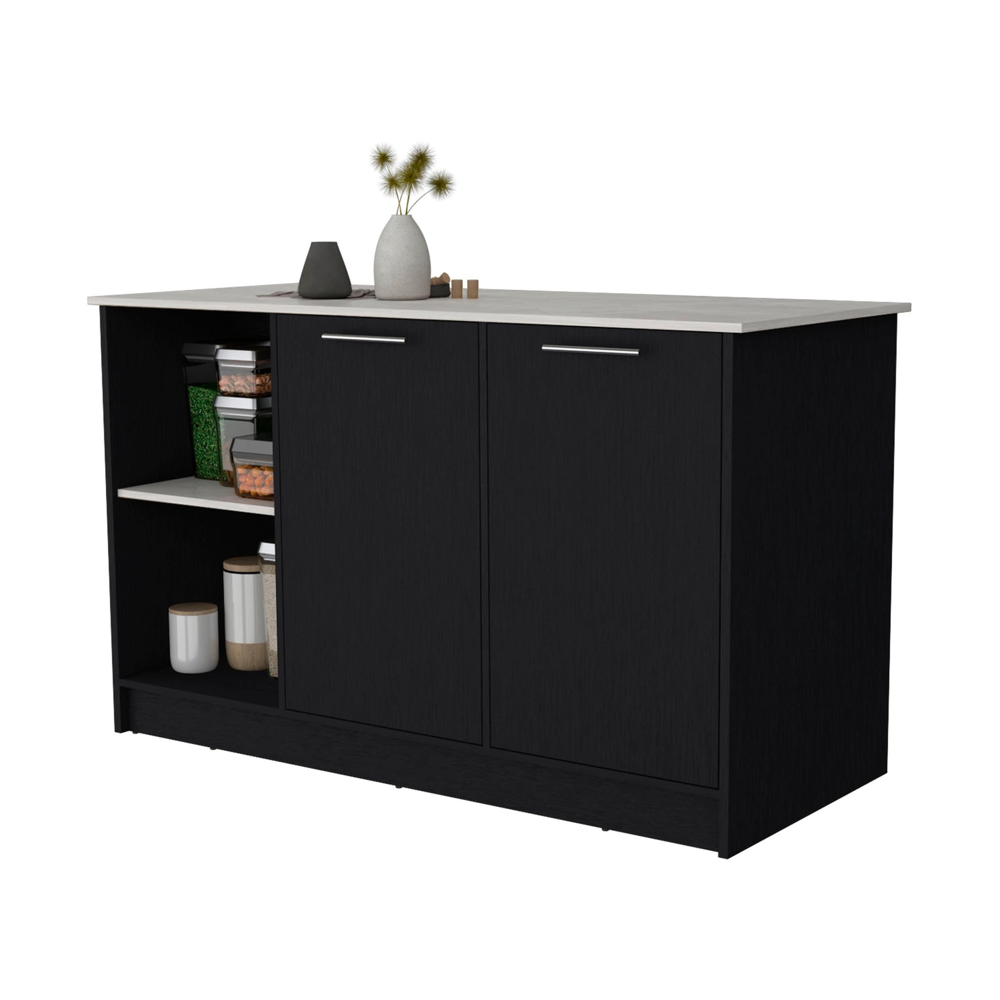 Black kitchen island cabinet with white countertop and two doors