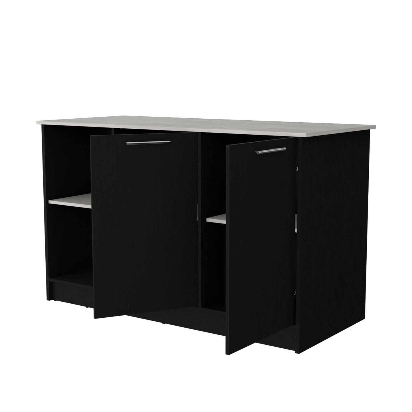 Black modern credenza with open doors and visible shelves