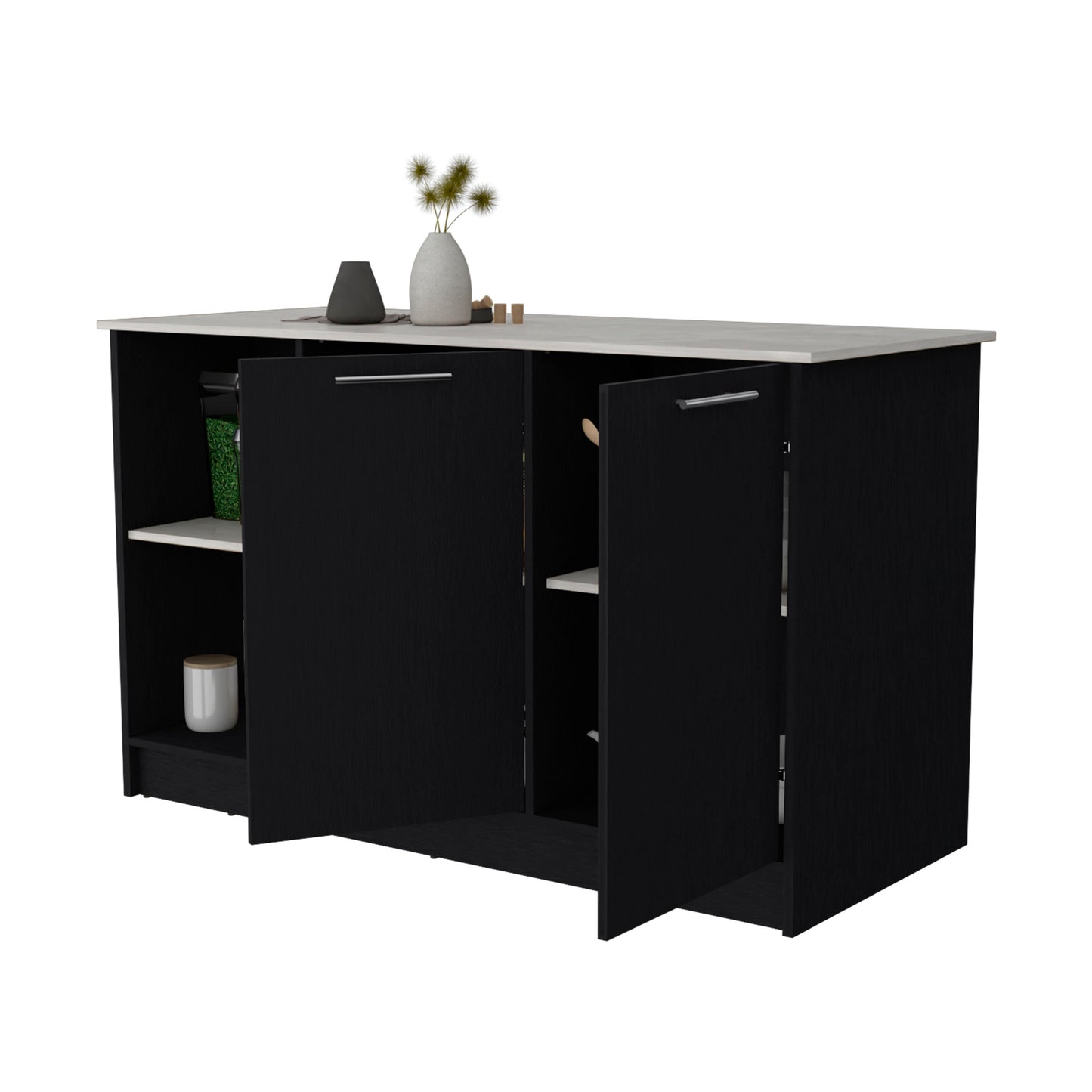 Black wood kitchen sideboard with silver handles and white granite top