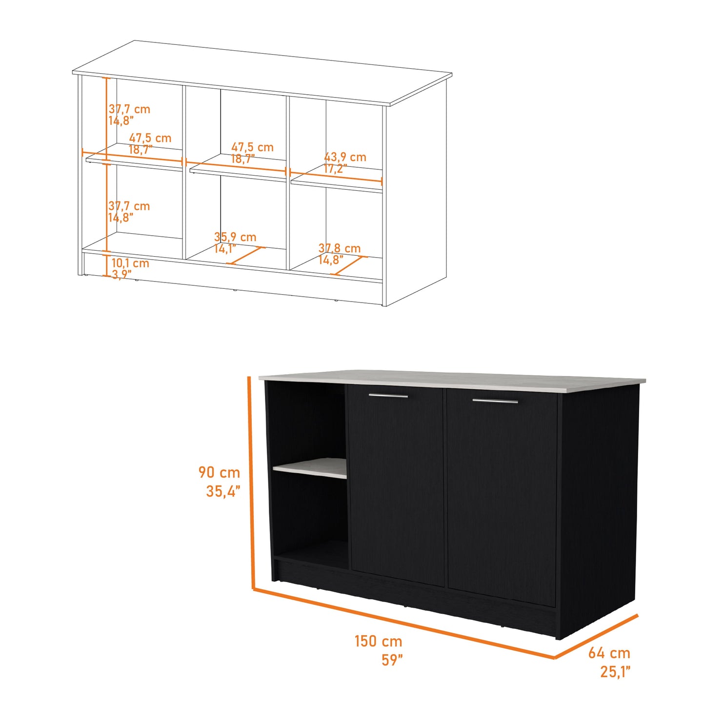 Black kitchen island cabinet with three doors and open shelving