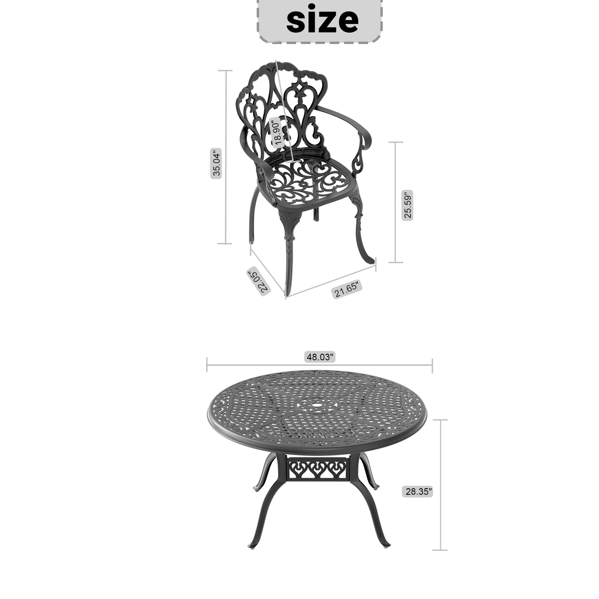 Ornate cast iron patio chair with scrolled back and armrests ideal for outdoor seating