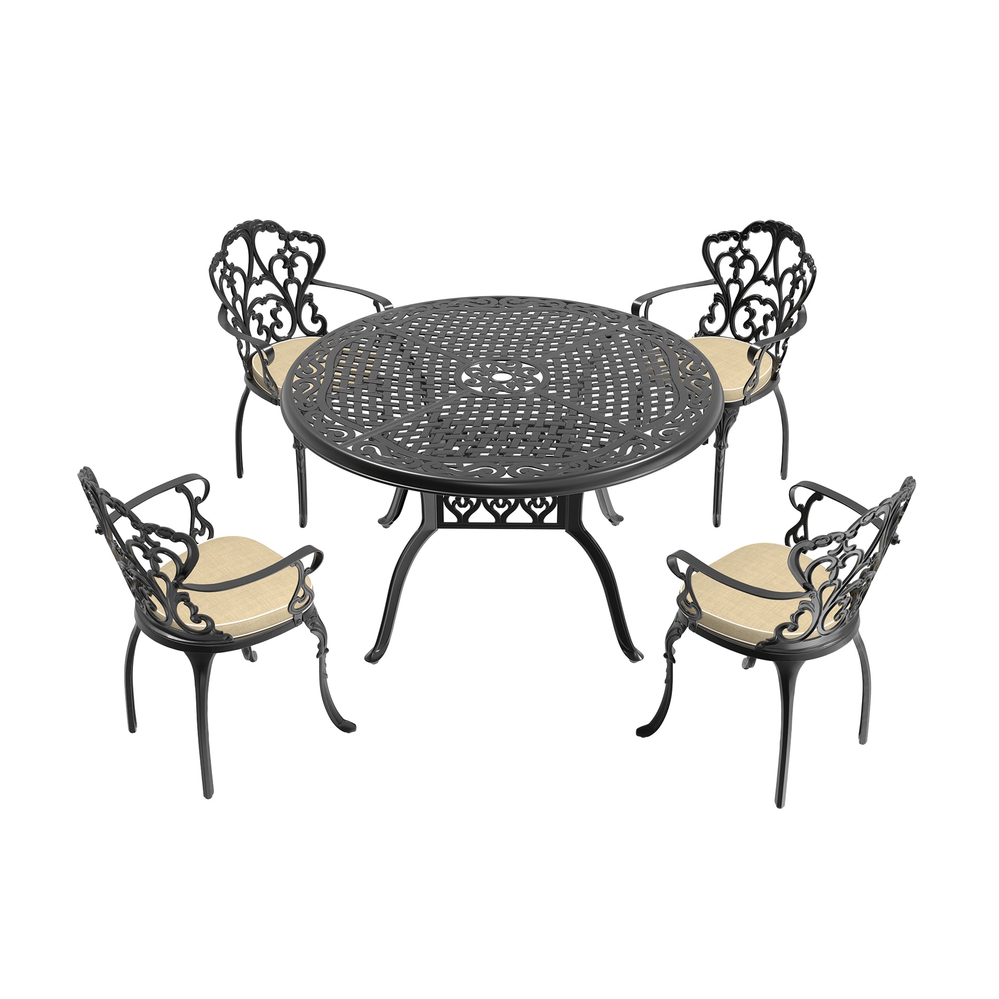 Black cast iron patio dining set with four ornate chairs and round table