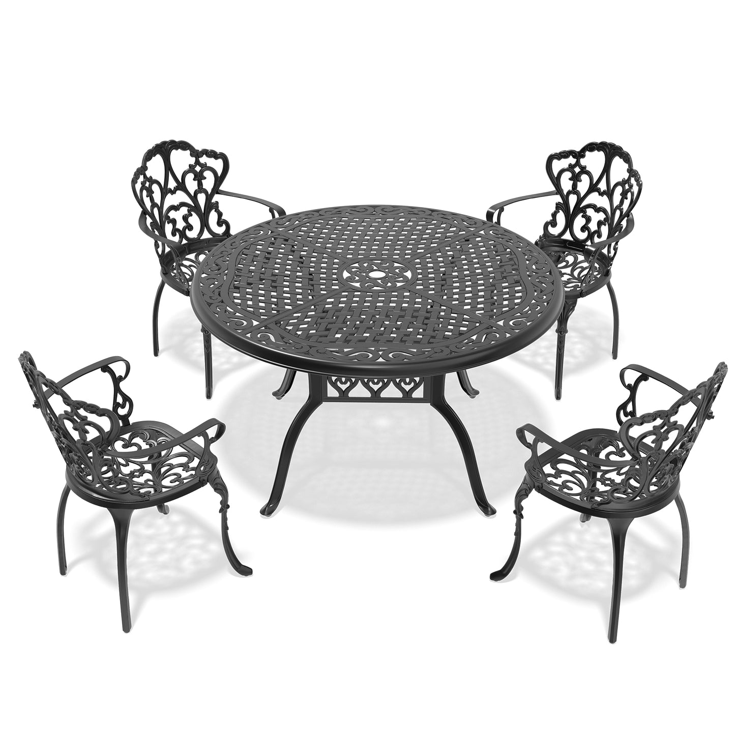 Black ornate cast aluminum patio dining set with round table and four chairs