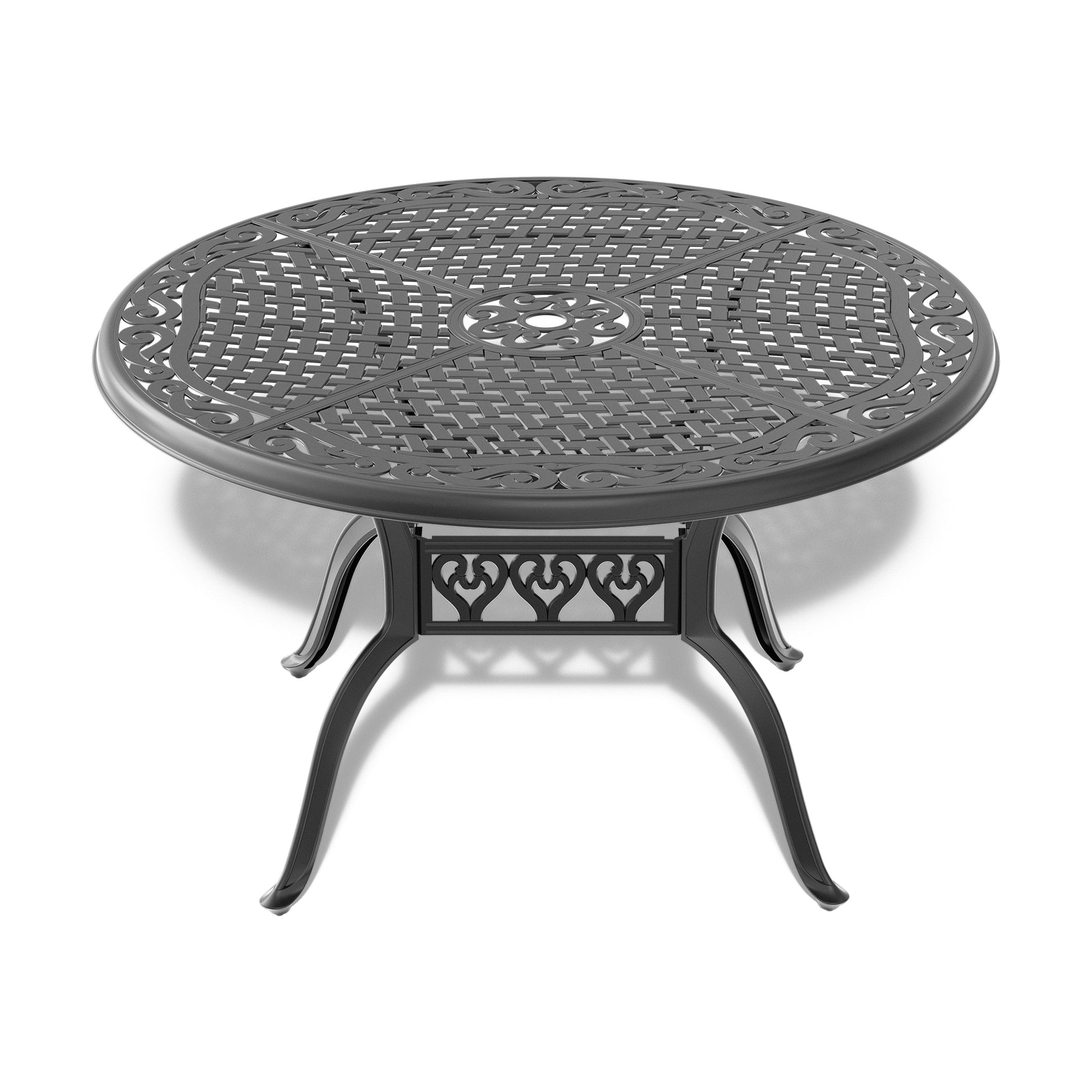 Dark gray cast aluminum round patio table with intricate woven pattern and decorative legs