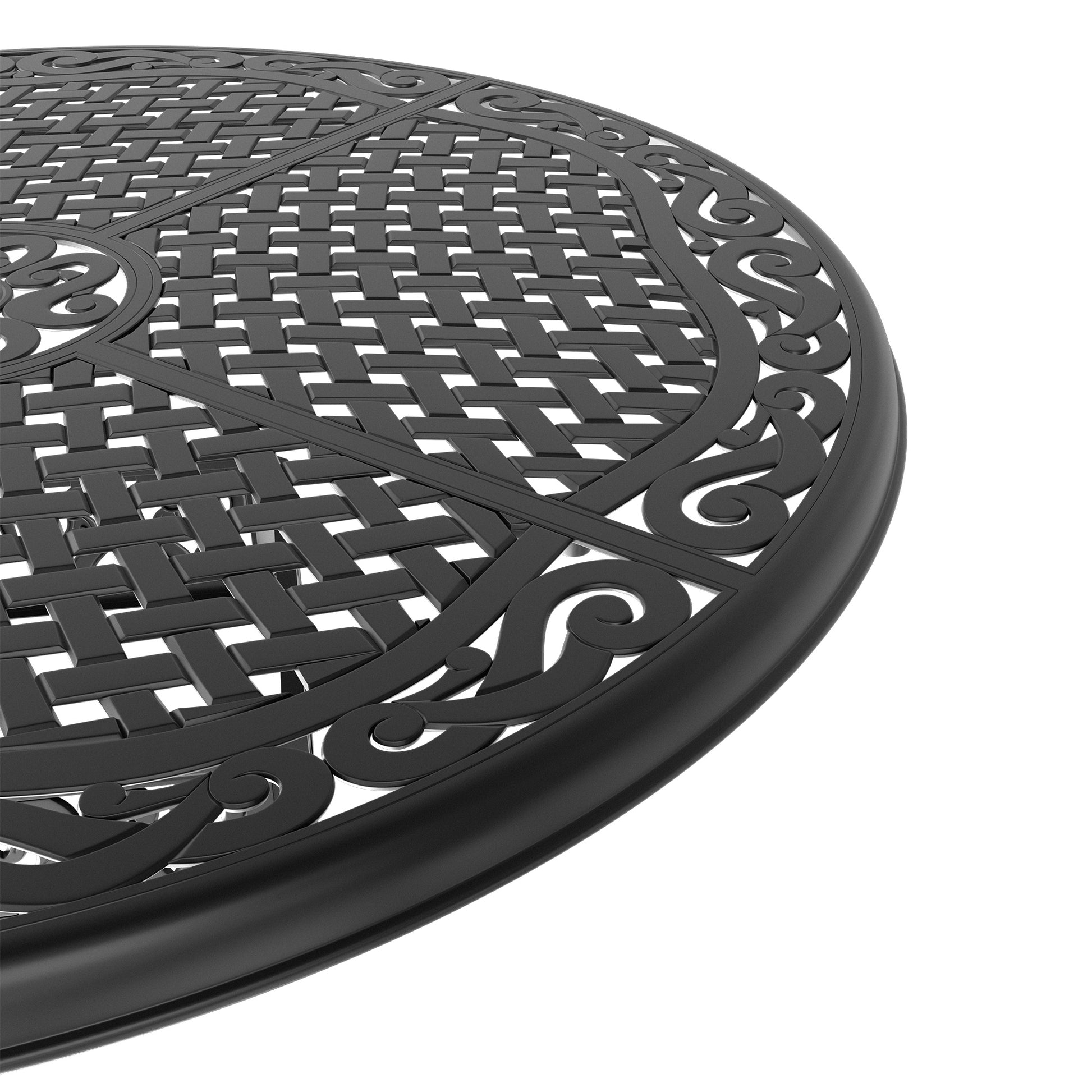 Black cast aluminum round patio table top with intricate woven design and scrolling accents