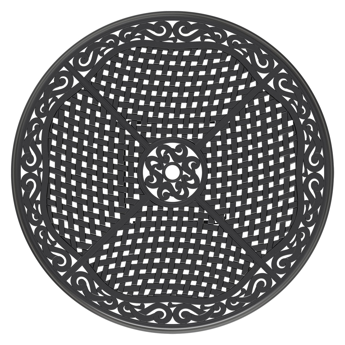 Black cast aluminum patio table top with intricate weave pattern and decorative scrollwork