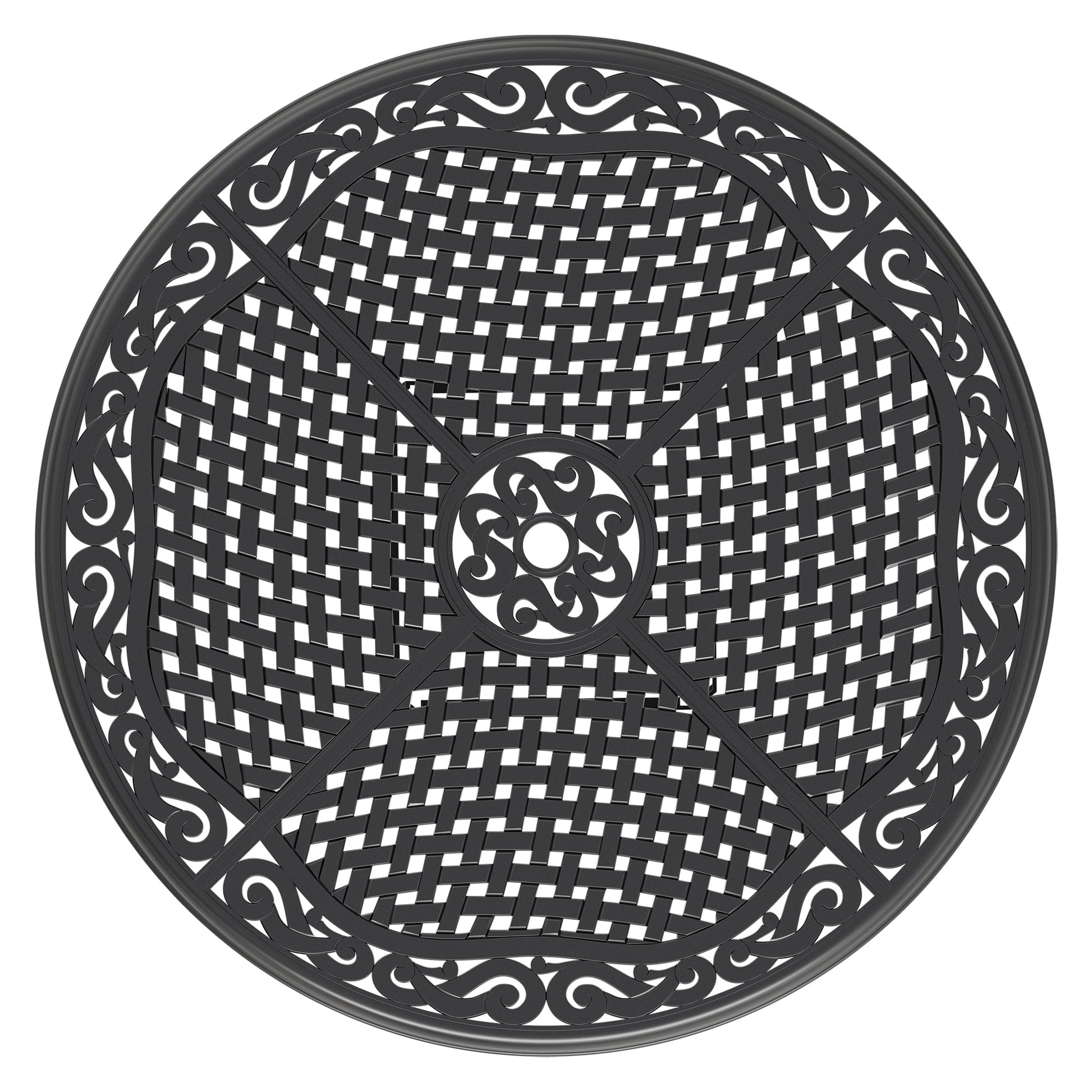 Black cast aluminum patio table top with intricate weave pattern and decorative scrollwork