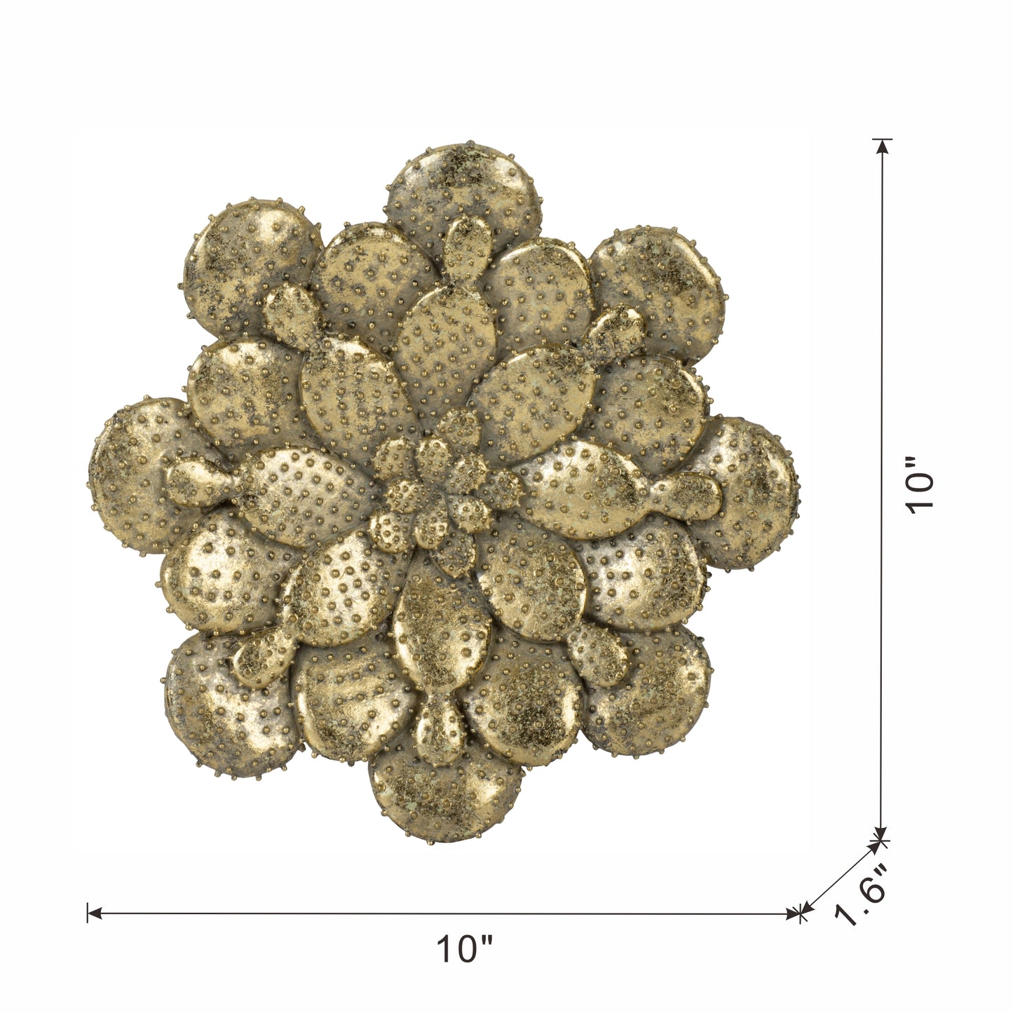 A golden metal cactus wall art featuring textured pads with raised dots  inches wide
