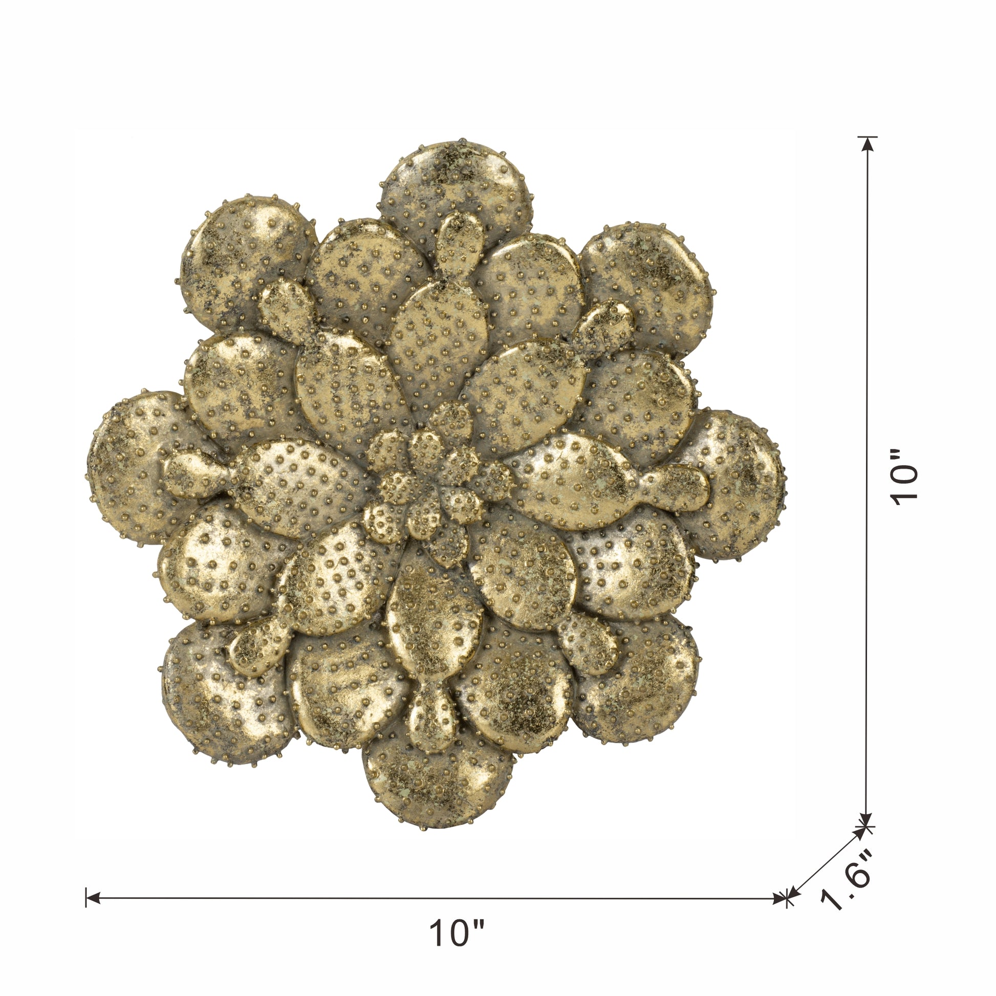A golden metal cactus wall art featuring textured pads with raised dots  inches wide