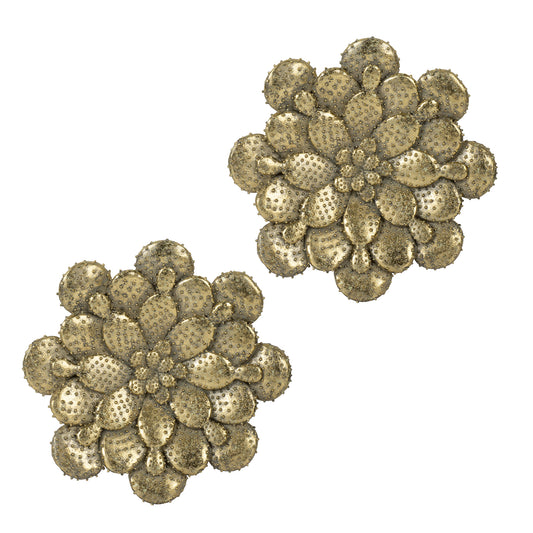 Two antique gold wall art pieces depicting clusters of prickly pear cactus pads with raised dots
