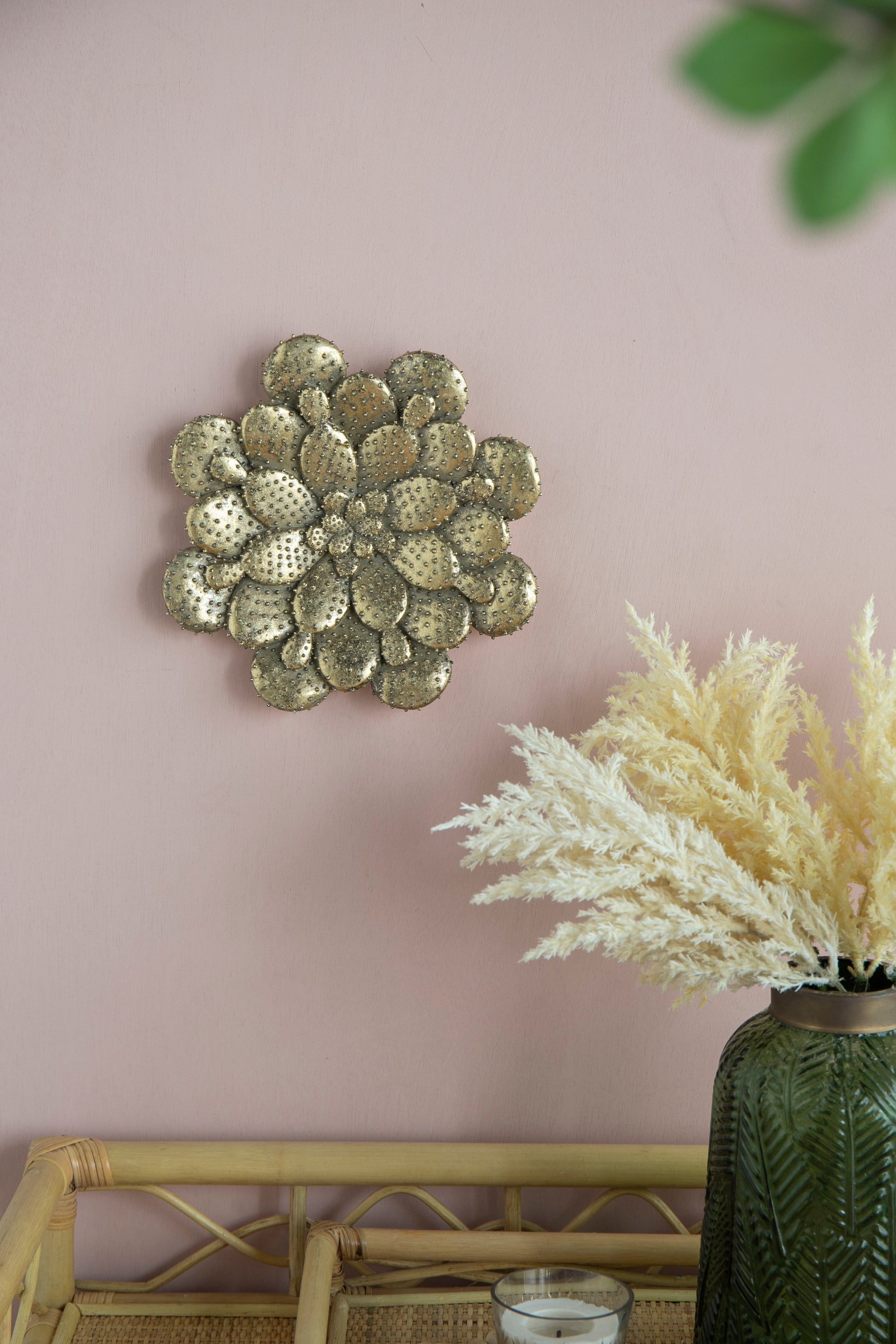 Gold metallic cactus wall art with intricate detailing perfect for desertthemed decor