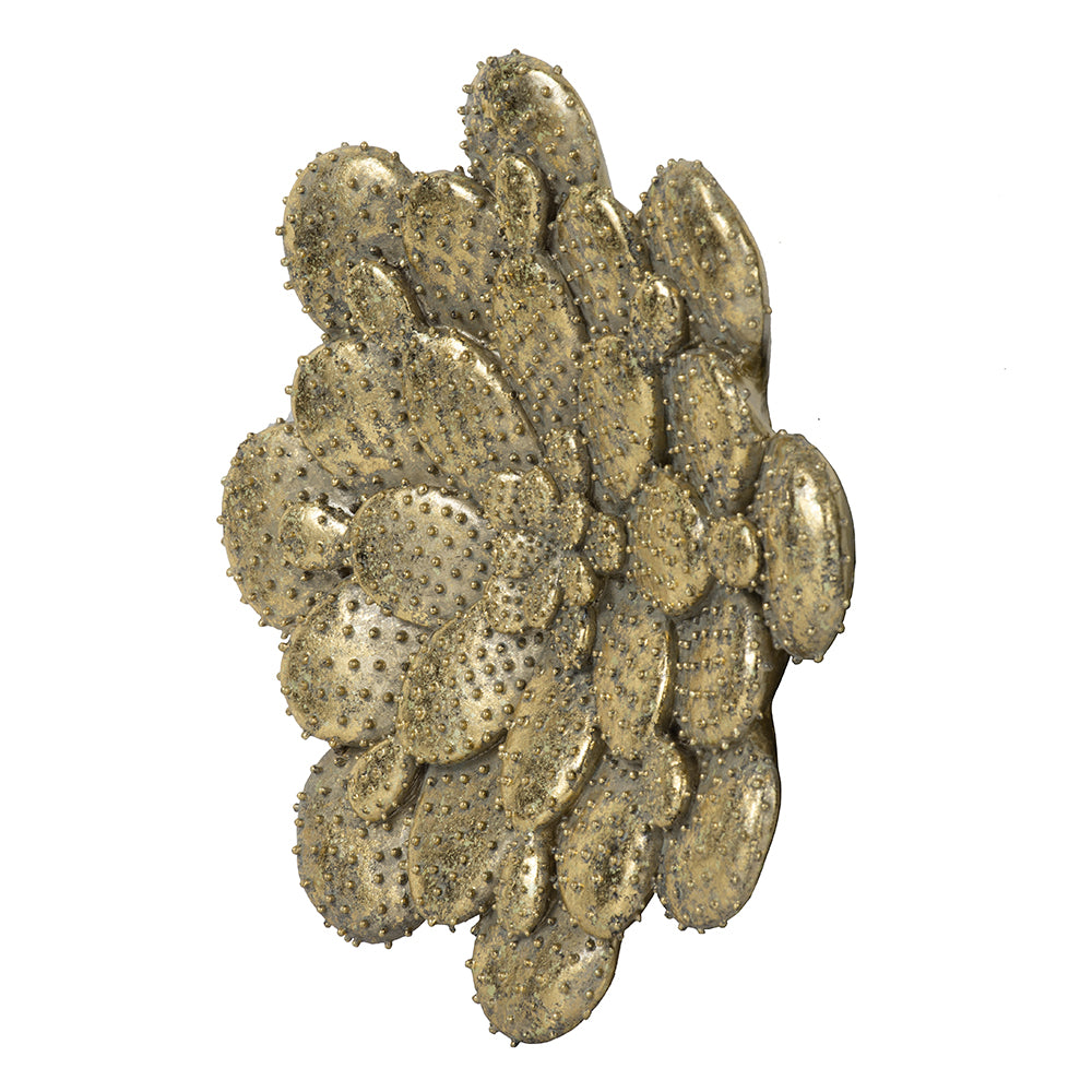 Textured gold metal cactus wall art with realistic spines and embossed oval pads