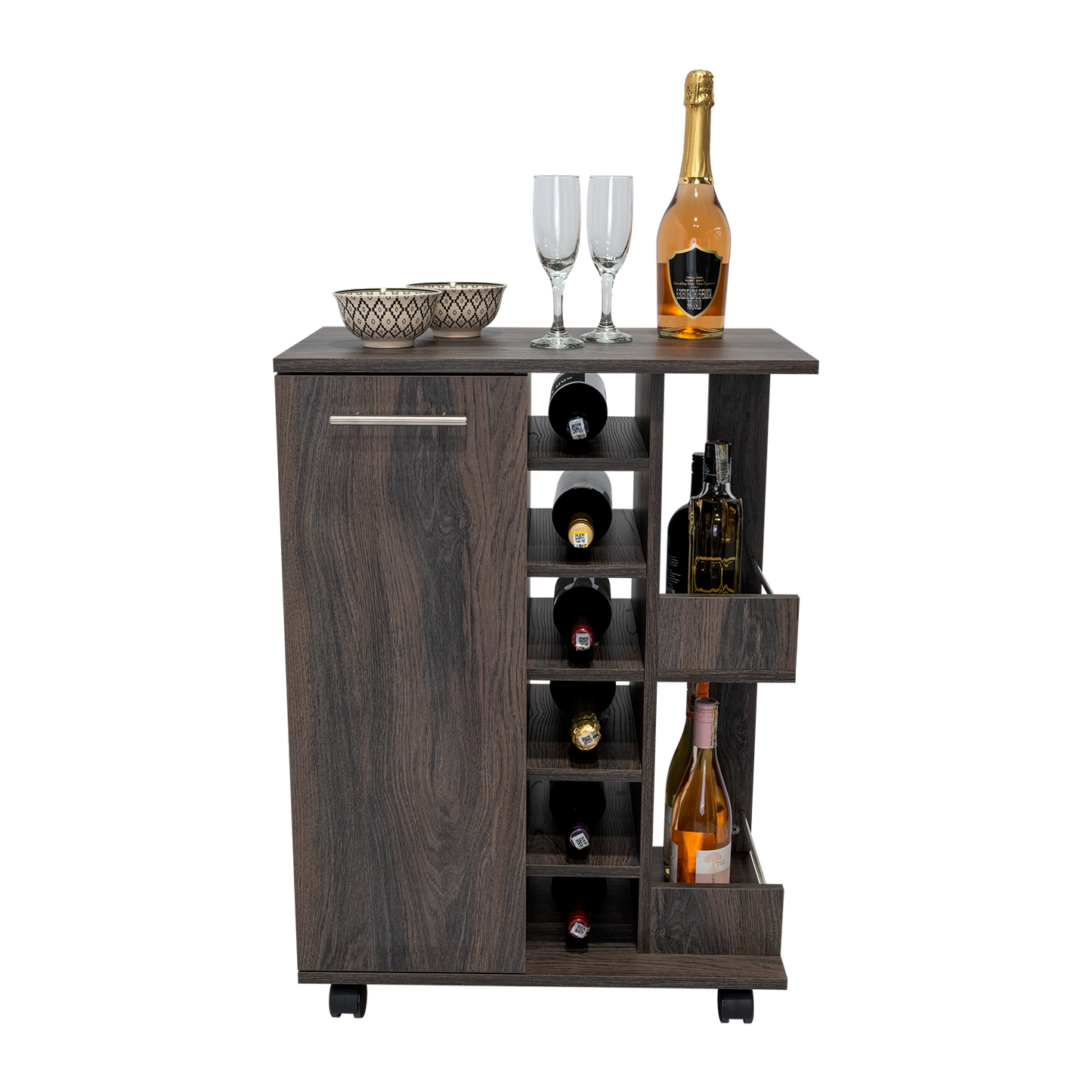 Dark wood wine cart with  bottle storage slots and two glasses