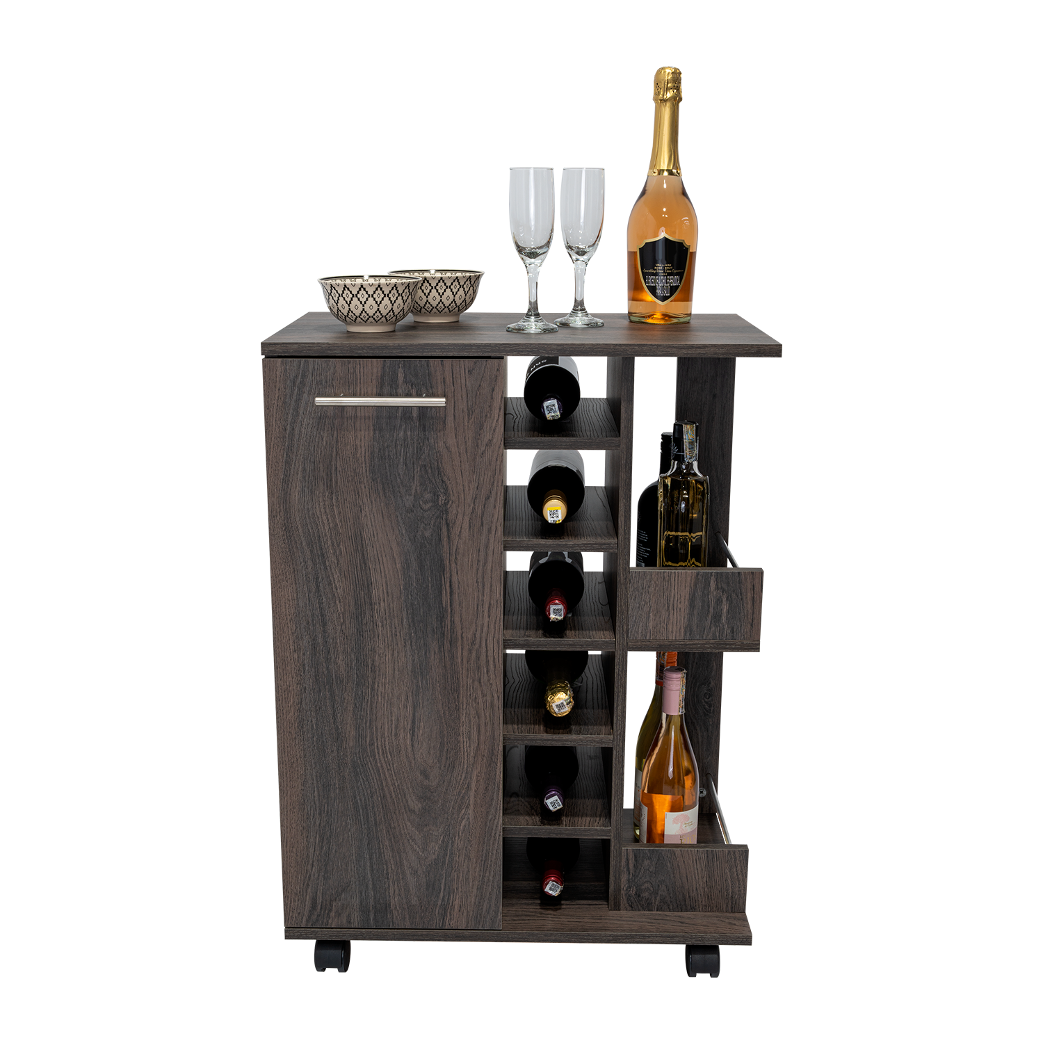 Dark wood wine cart with  bottle storage slots and two glasses