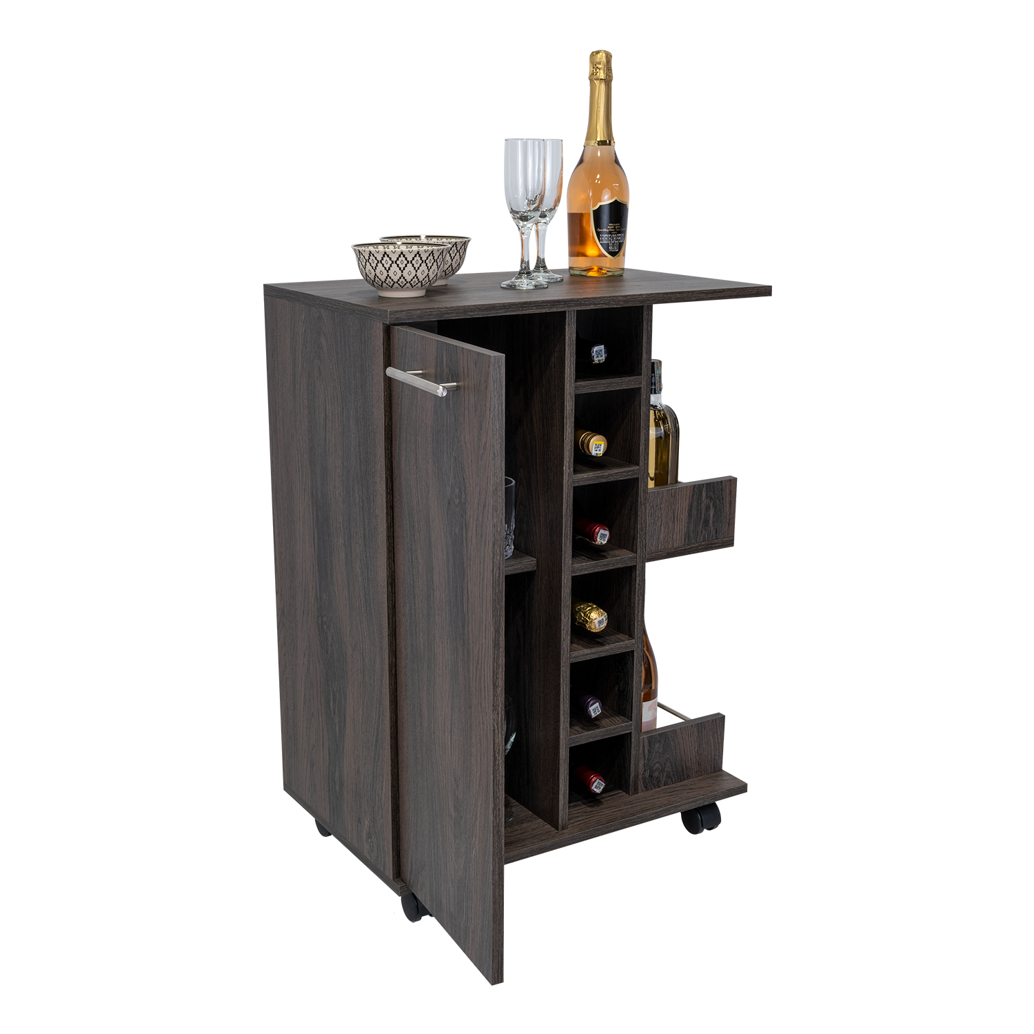 Dark wood rolling bar cart with wine rack and serving area