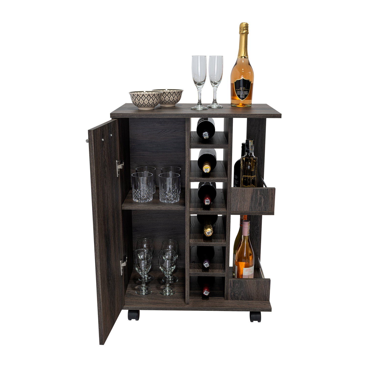 Dark wood bar cart with wine rack and glassware
