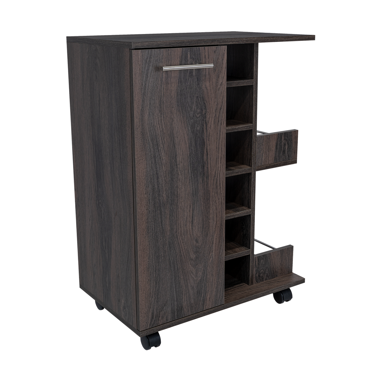 Dark wood rolling bar cart with wine rack and cabinet