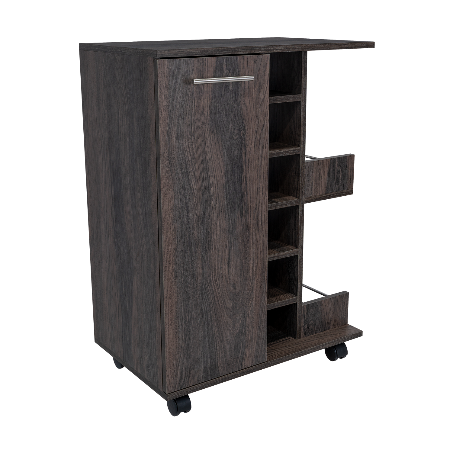 Dark wood rolling bar cart with wine rack and cabinet