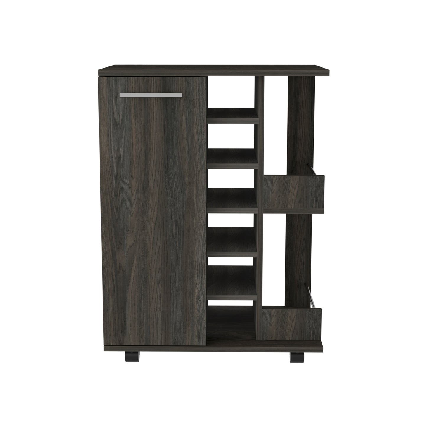 Dark wood storage cabinet with open shelves and a sliding door