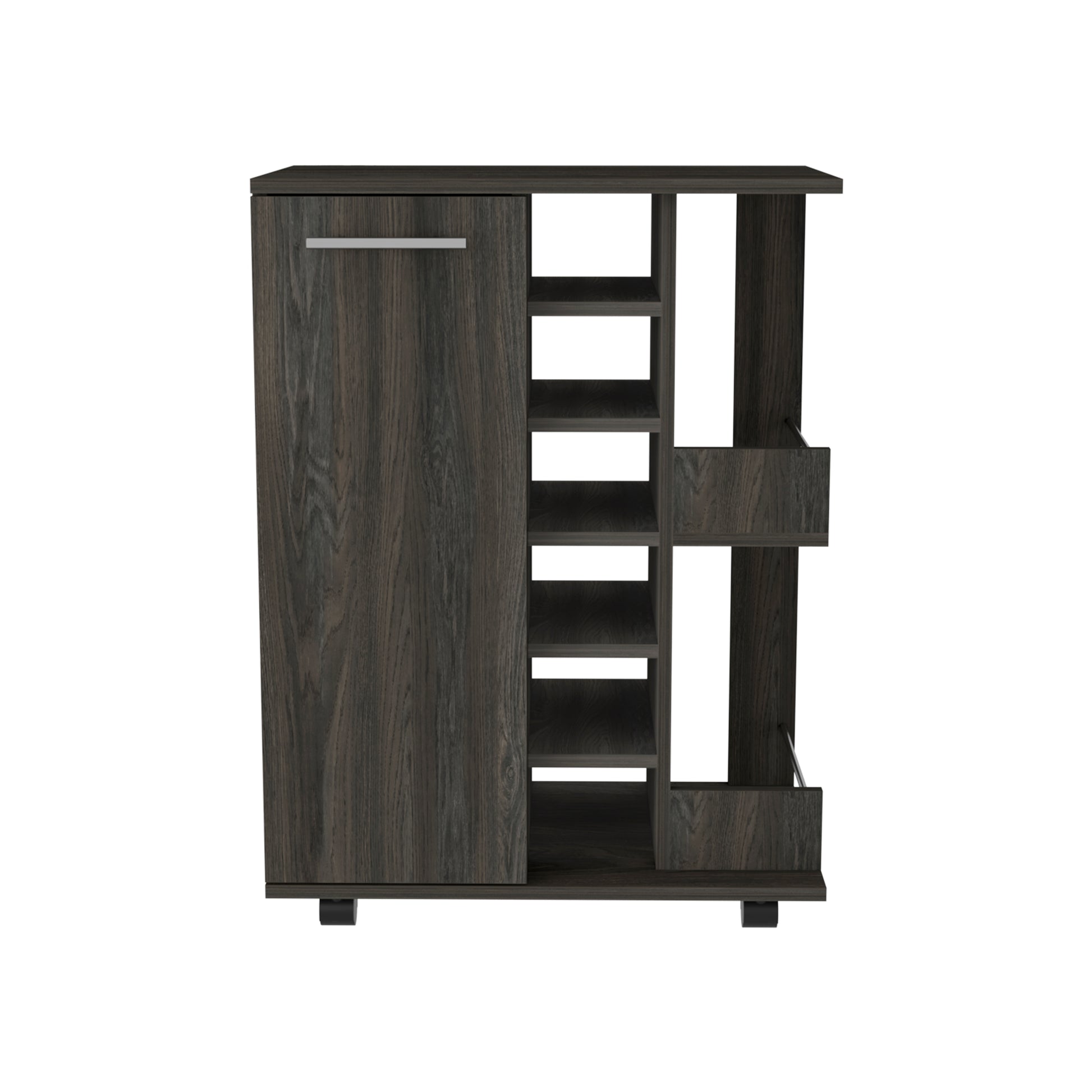 Dark wood storage cabinet with open shelves and a sliding door