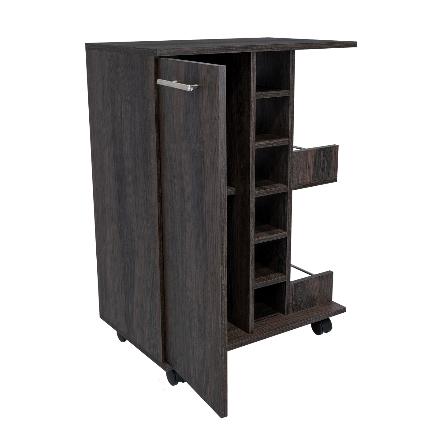 Dark wood bar cart with open door revealing wine rack shelves and wheels