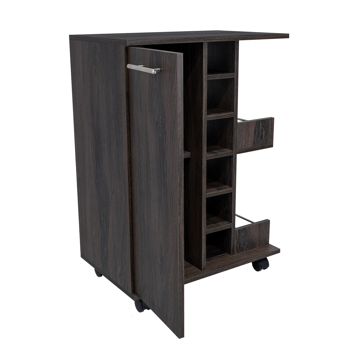 Dark wood bar cart with open door revealing wine rack shelves and wheels