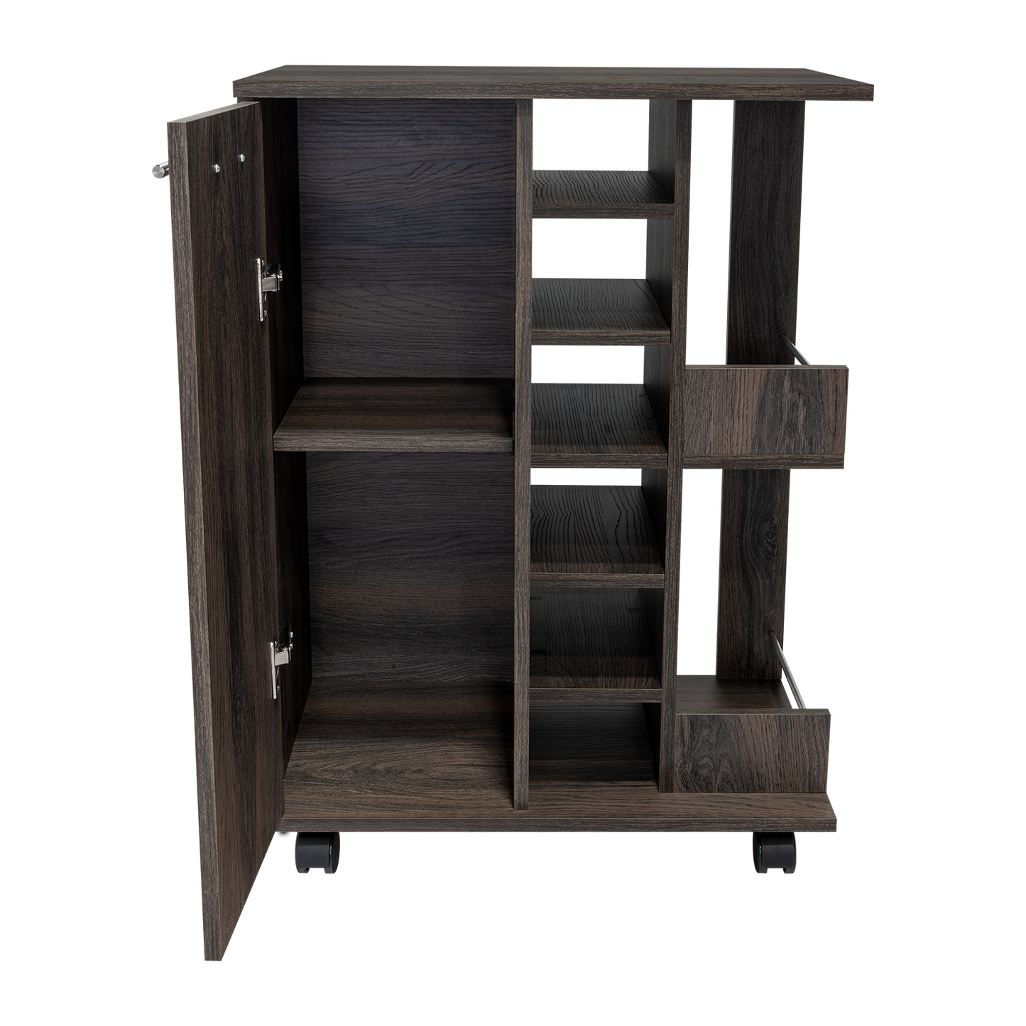 Dark wood rolling storage cabinet with open door and multiple shelves