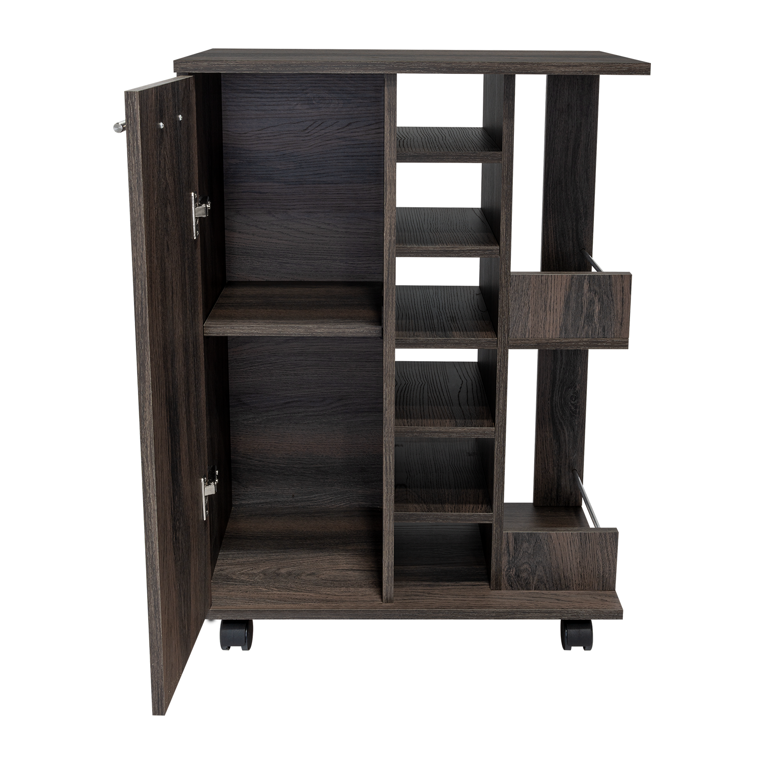 Dark wood rolling storage cabinet with open door and multiple shelves