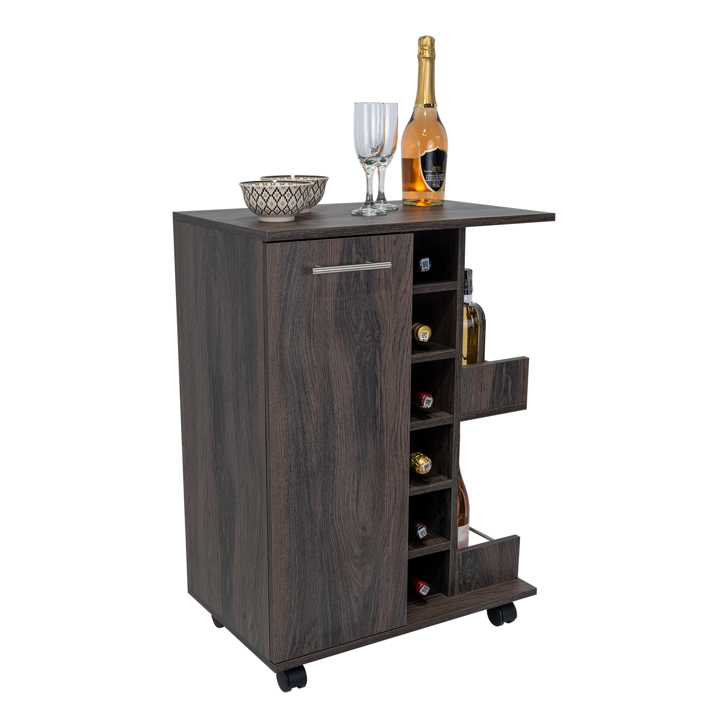 Dark wood bar cart with wine rack and serving accessories