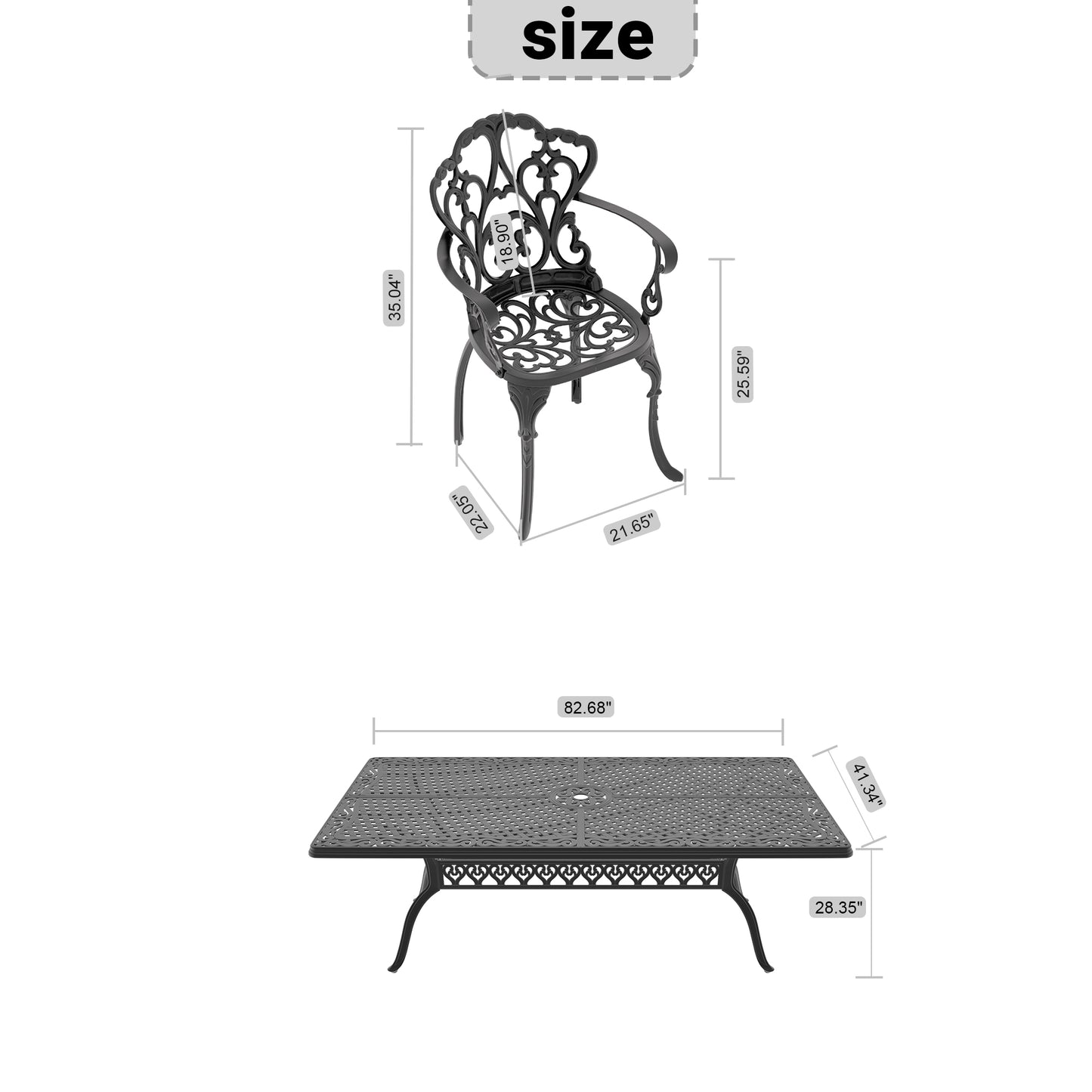 Black cast aluminum patio chair with ornate detailing and armrests