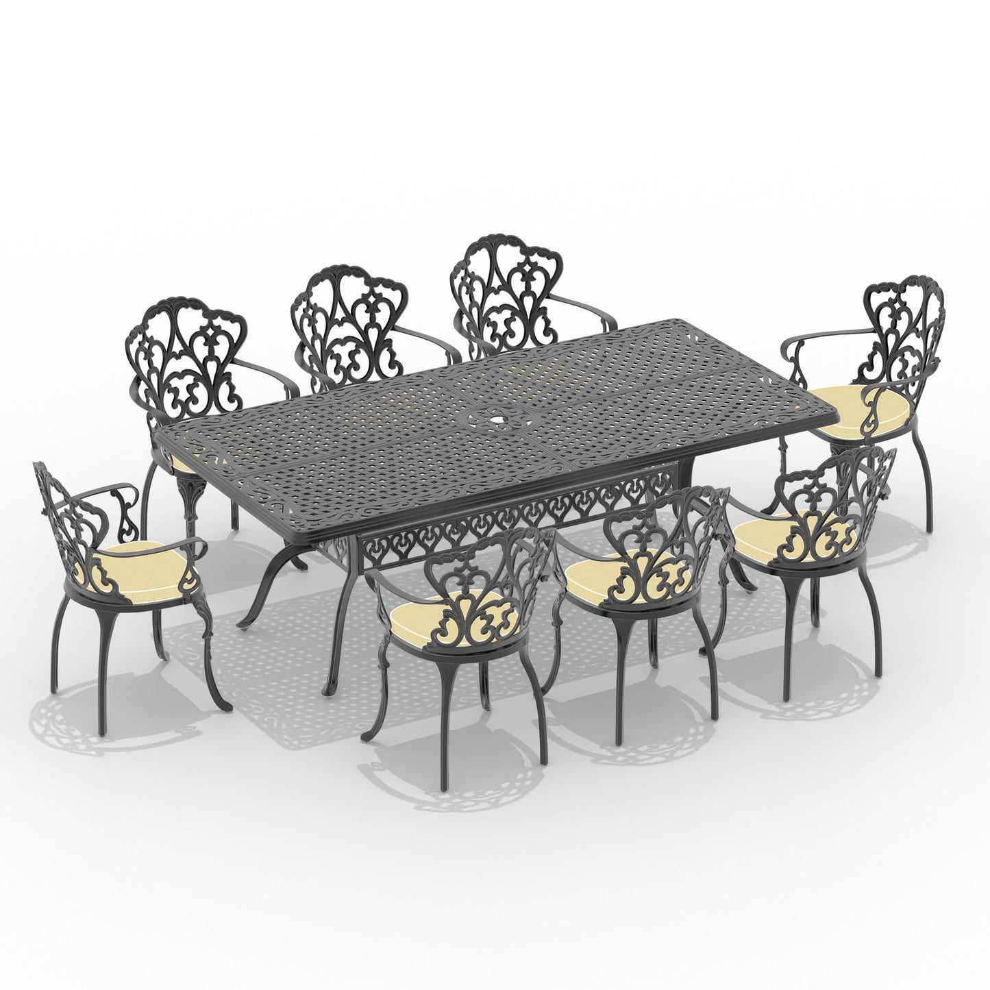 Ornate black cast aluminum patio dining set with yellow cushions  chairs