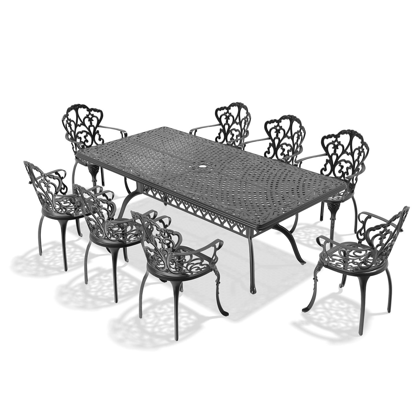 Black ornate cast iron patio dining set with rectangular table and eight chairs