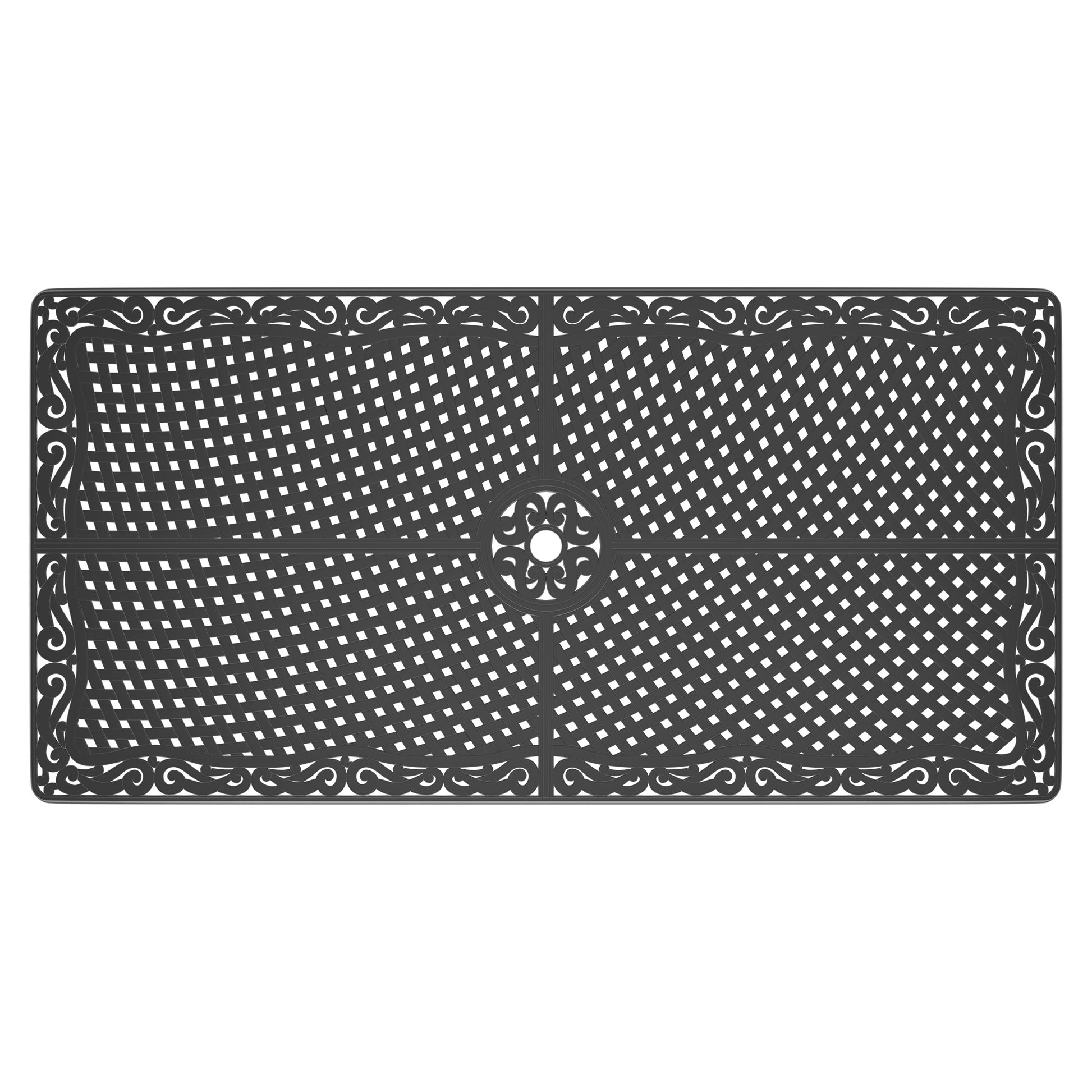 Dark grey cast aluminum patio table top with ornate scrolling border