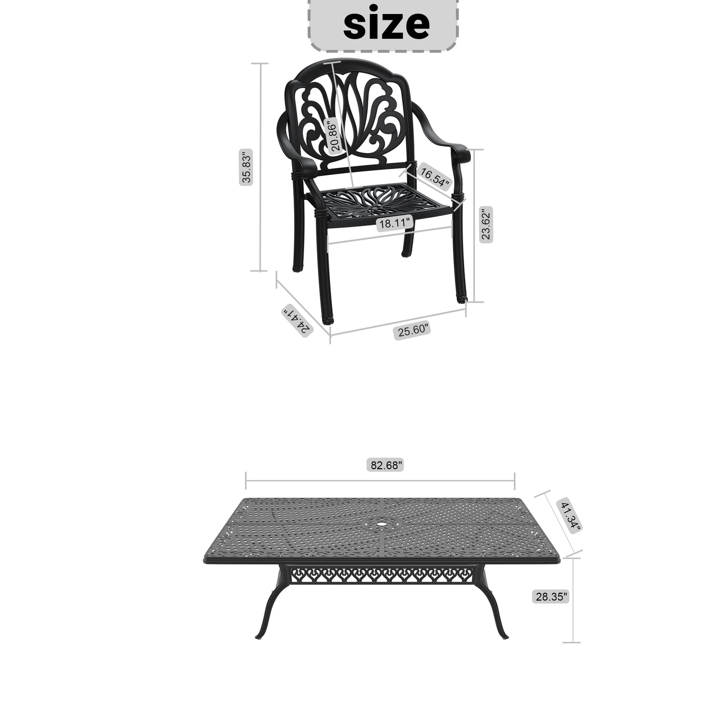 Ornate black cast aluminum patio chair with scroll back design