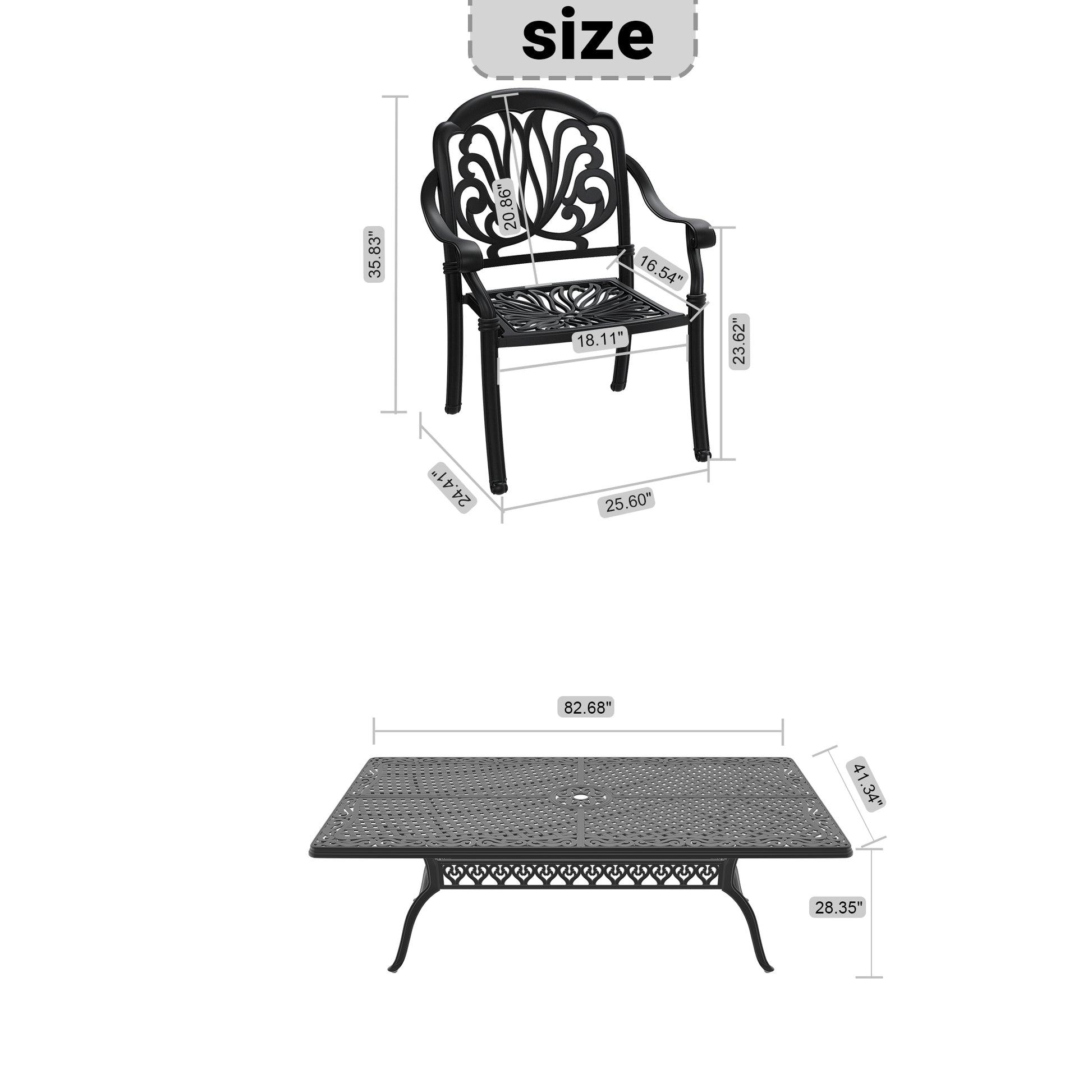 Ornate black cast aluminum patio chair with scroll back design