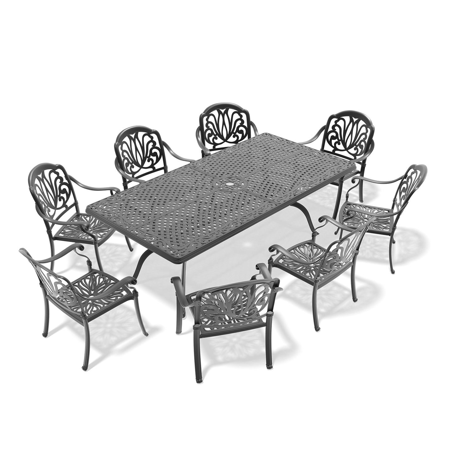 Ornate cast aluminum dining set with table and six chairs for outdoor entertaining