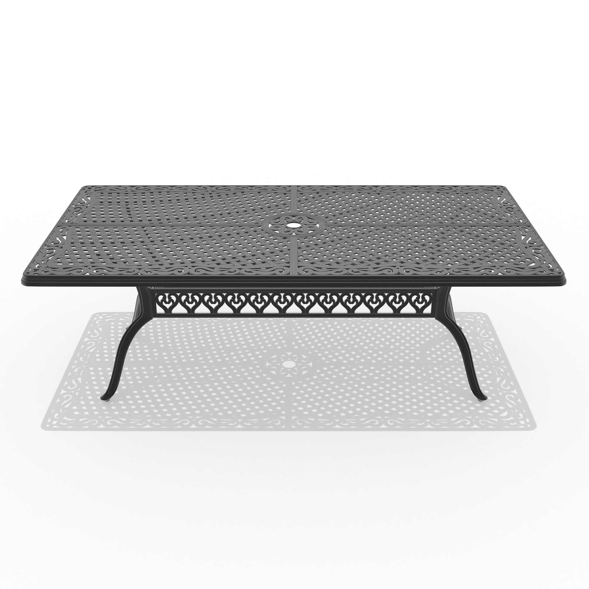 Ornate cast iron patio table with intricate scrollwork and mesh top