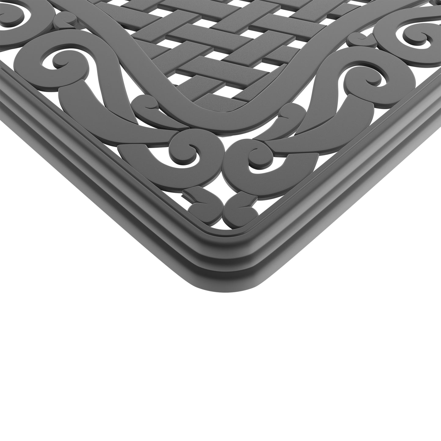 Dark grey cast iron table top with intricate scrollwork and woven pattern