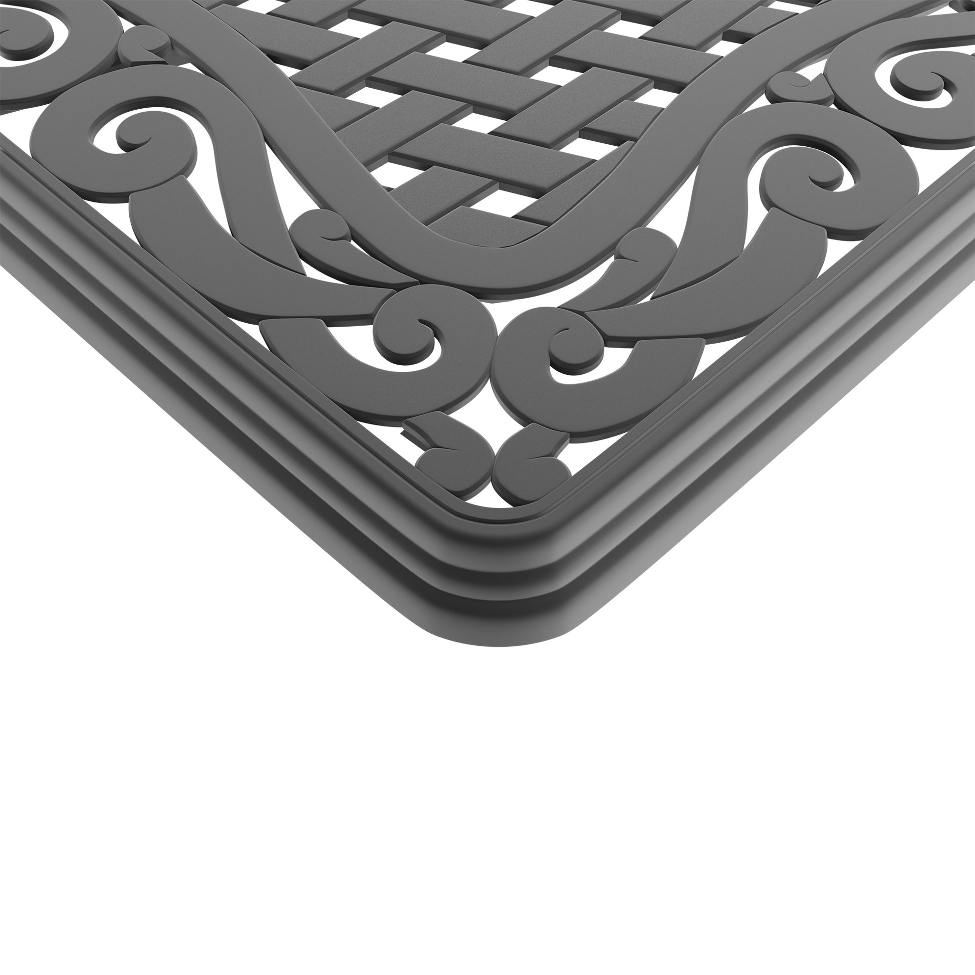 Dark grey cast iron table top with intricate scrollwork and woven pattern